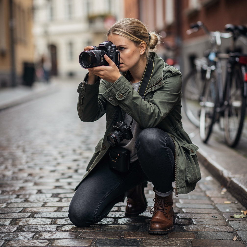 Documentary photographer crouching to photograph a street scene