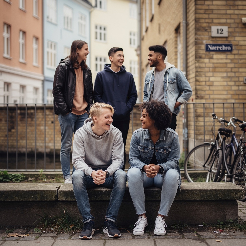 Group of Danish teenagers gathered in an urban courtyard