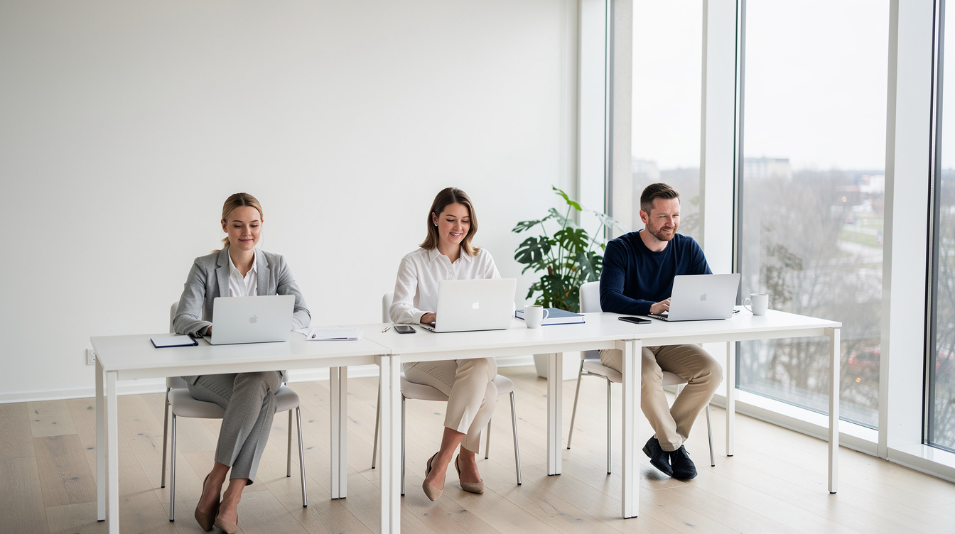 Small editorial team working in a bright modern office